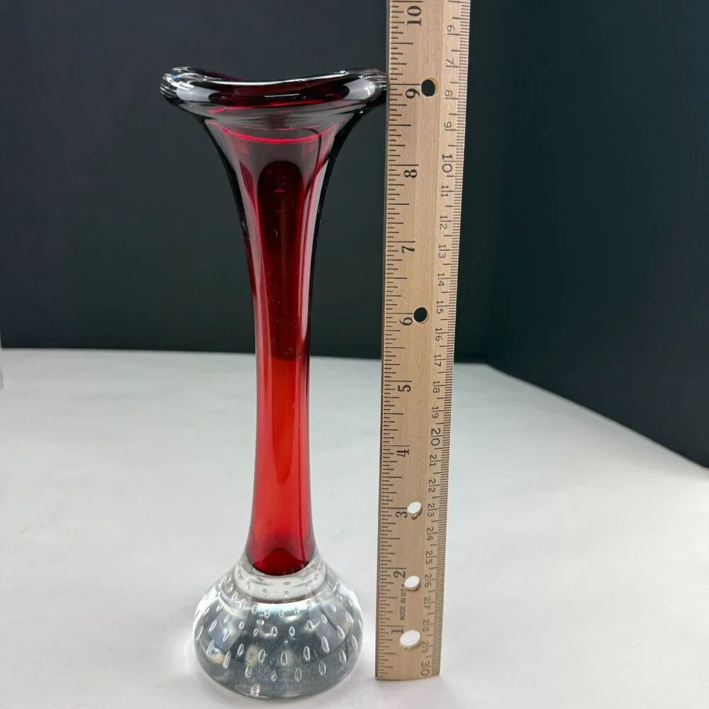 Vintage Aseda Glasbruk Red & Clear Art Glass Vase With Controlled Bubbles